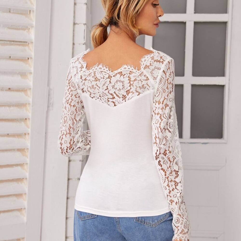 navy blue lace long sheer sleeve boho top - Picture 11 of 12